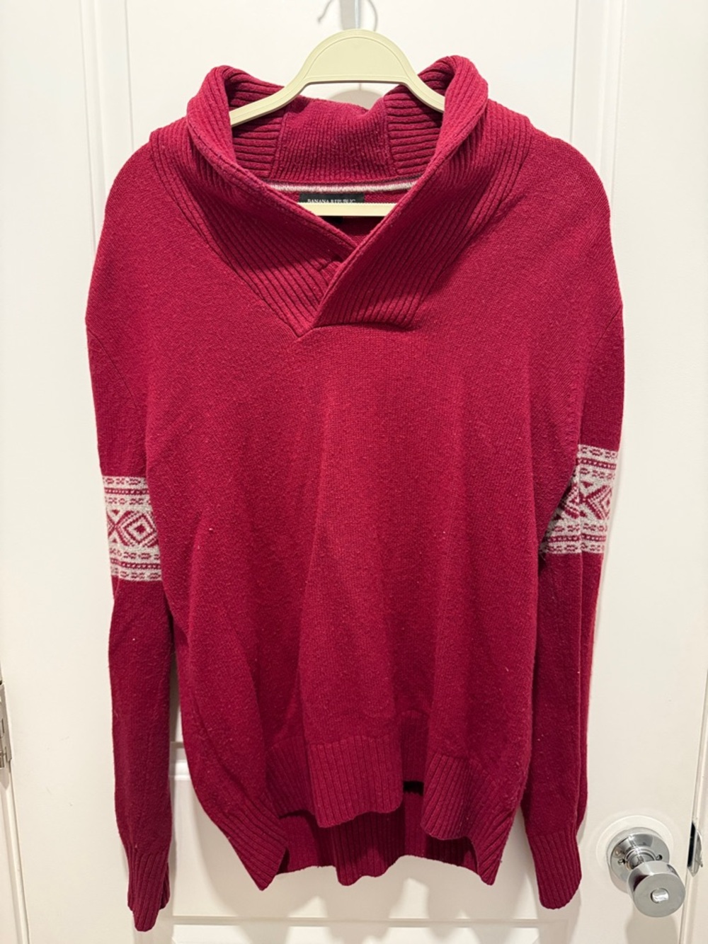 Banana Republic Deep Red Shawl-Turtleneck Sweater with Patterned Sleeve Bands